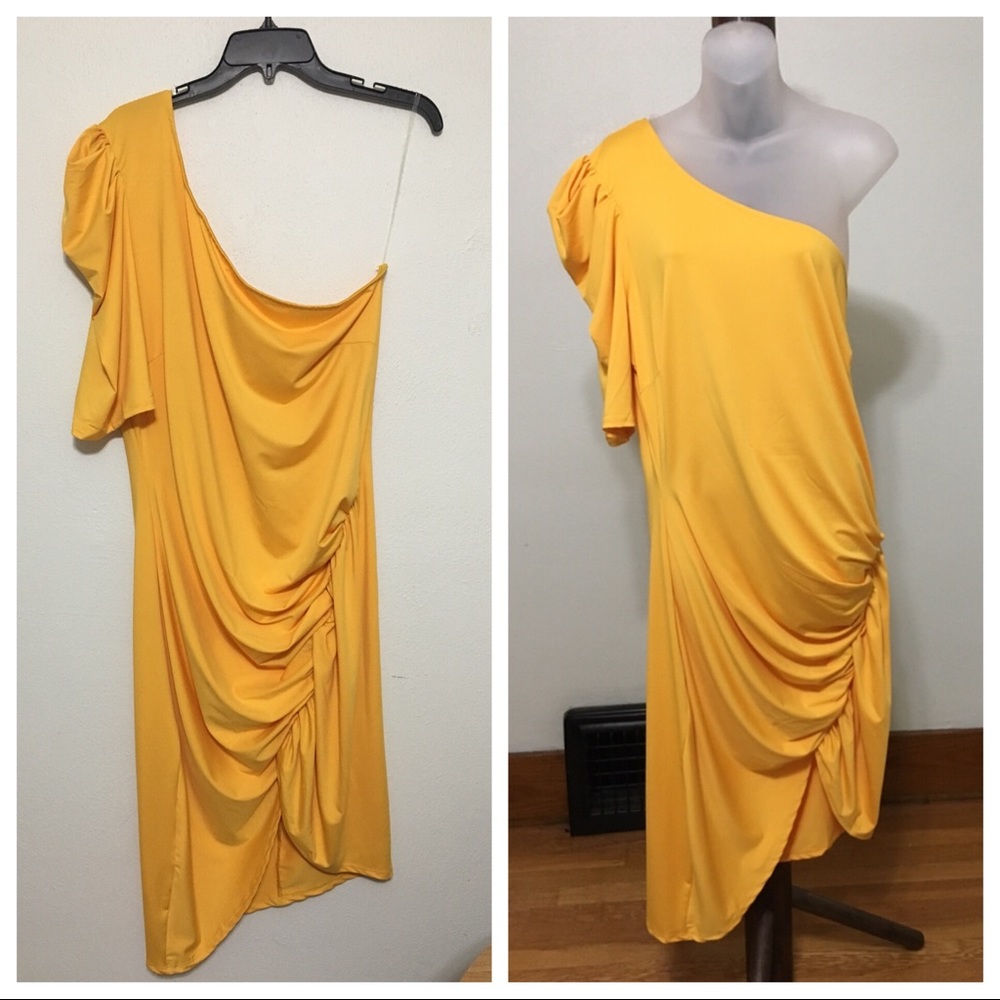 Forever21 yellow, ruched, one-shoulder dress NWOT